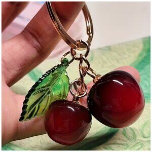 Keychain Glossy Red Cherry & Green Leaf Charms Golden Backpack Wallet Handbag
